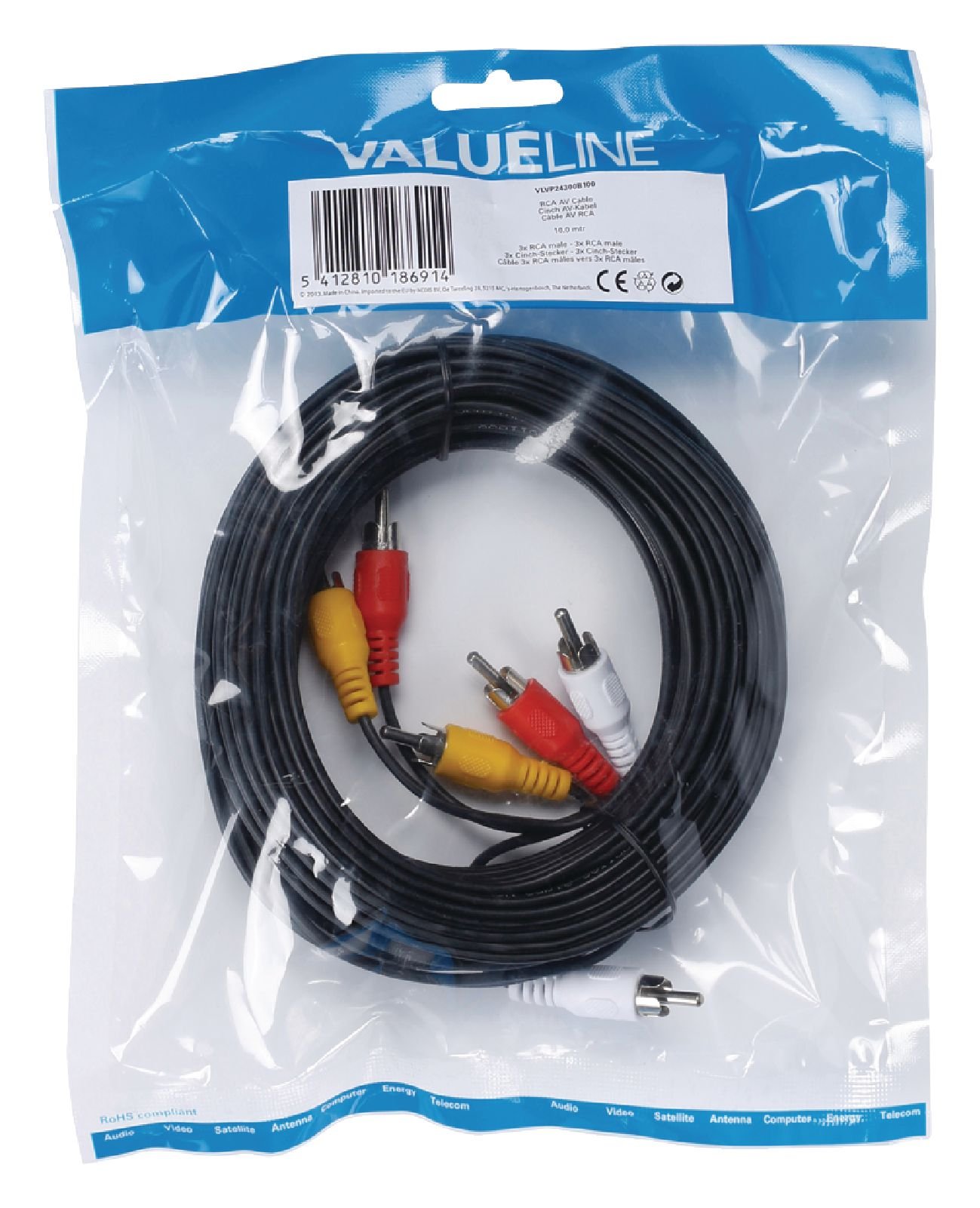Valueline 10.0 m 3x Male to Male RCA AV Cable - Black
