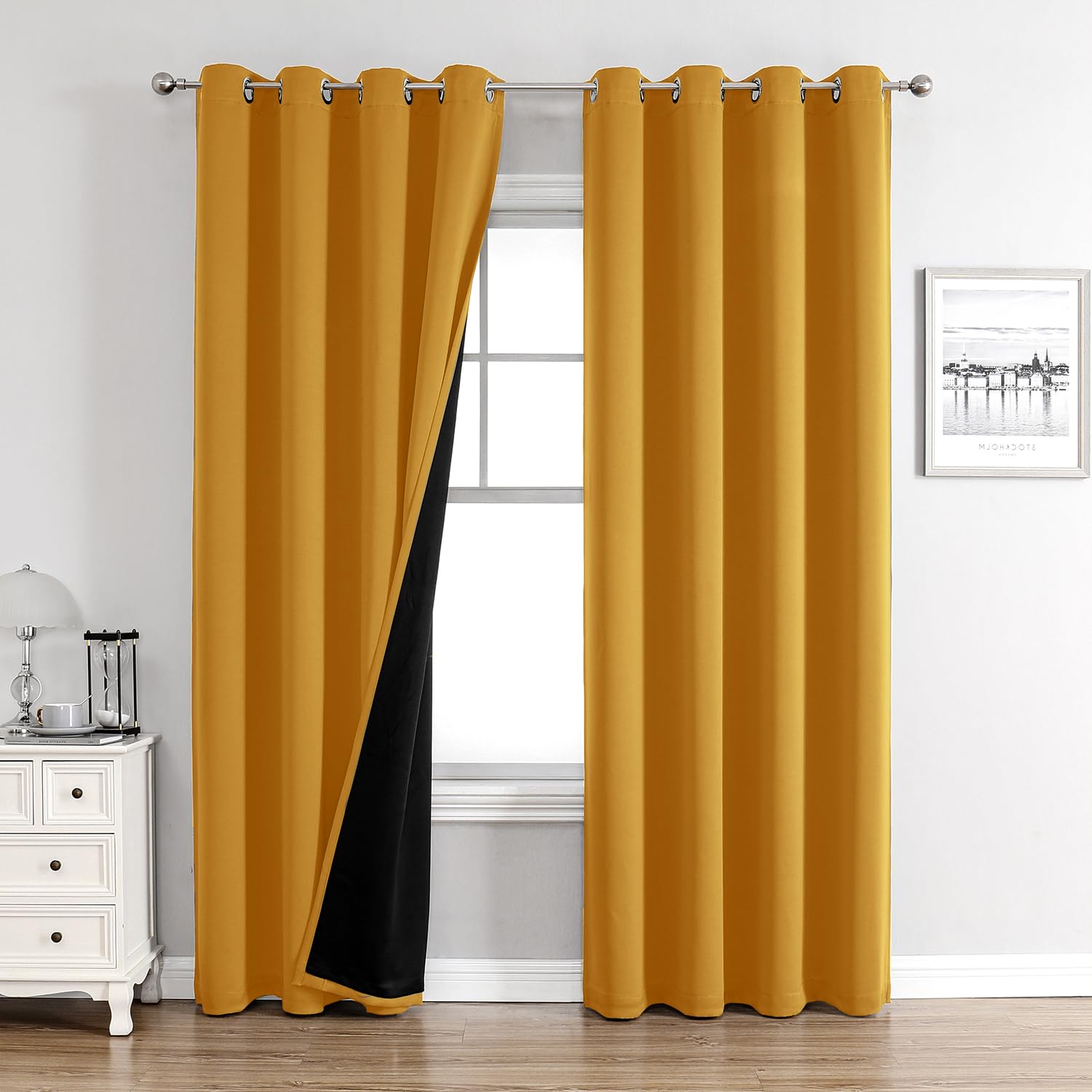 ChrisDowa 100% Blackout Curtains 108 inch Long for Bedroom with Black Liner, 2 Thick Layers Total Blackout Thermal Insulated Grommet Window Curtains 2 Panels Set (Mustard Yellow, 52 x 108 Inch) Image