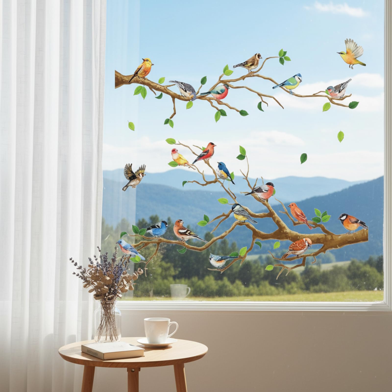 4 Pieces Garden Birds on Branches Stickers Removable Birds on Tree Wall Decals Peel and Stick Wall Decoration for Bedroom Living Room