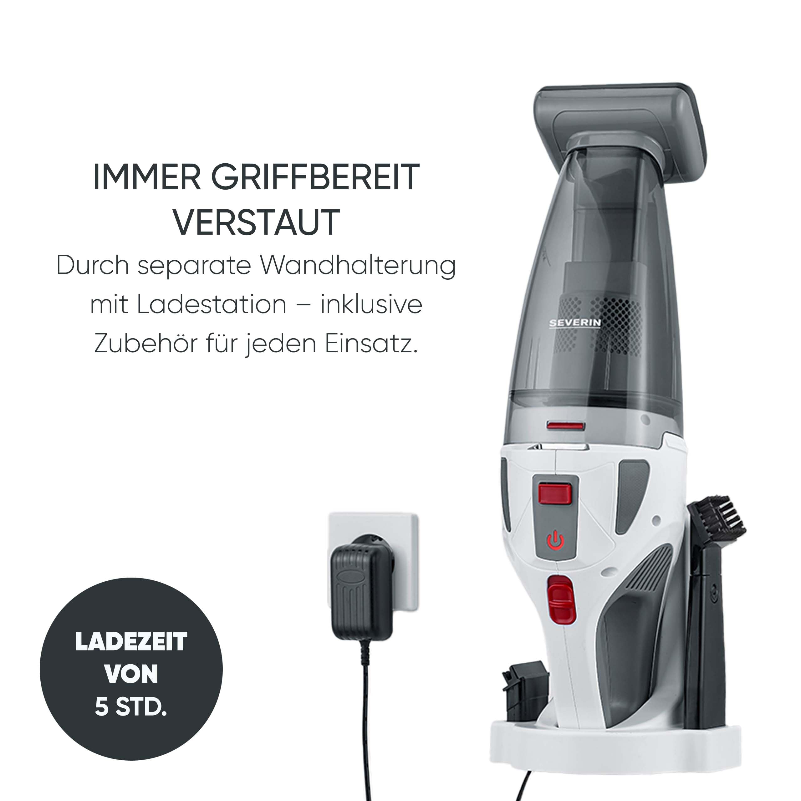Severin 4-in-1 Akku-Handstaubsauger, kabelloser Nass- & Trockensauger für Autositze, Handsauger für Tierhaare & Flüssigkeiten, bis zu 30 Min Laufzeit im Eco-Mode, weiß-graurot, HV 7146 4