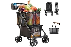 BBTEQEKN Folding Shopping Cart, One-Hand Fold, Stroller Personal Shopping Cart for Groceries with Removable Basket & Universa