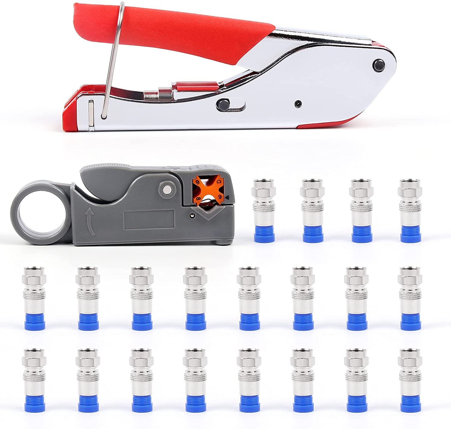 Flytuo Coaxial Cable Crimping Set, F-Type Compression Crimp Pliers with 20 Crimp Connector Tool and Rotating Coaxial Cable Cutter for RG-58, RG-59, RG-62