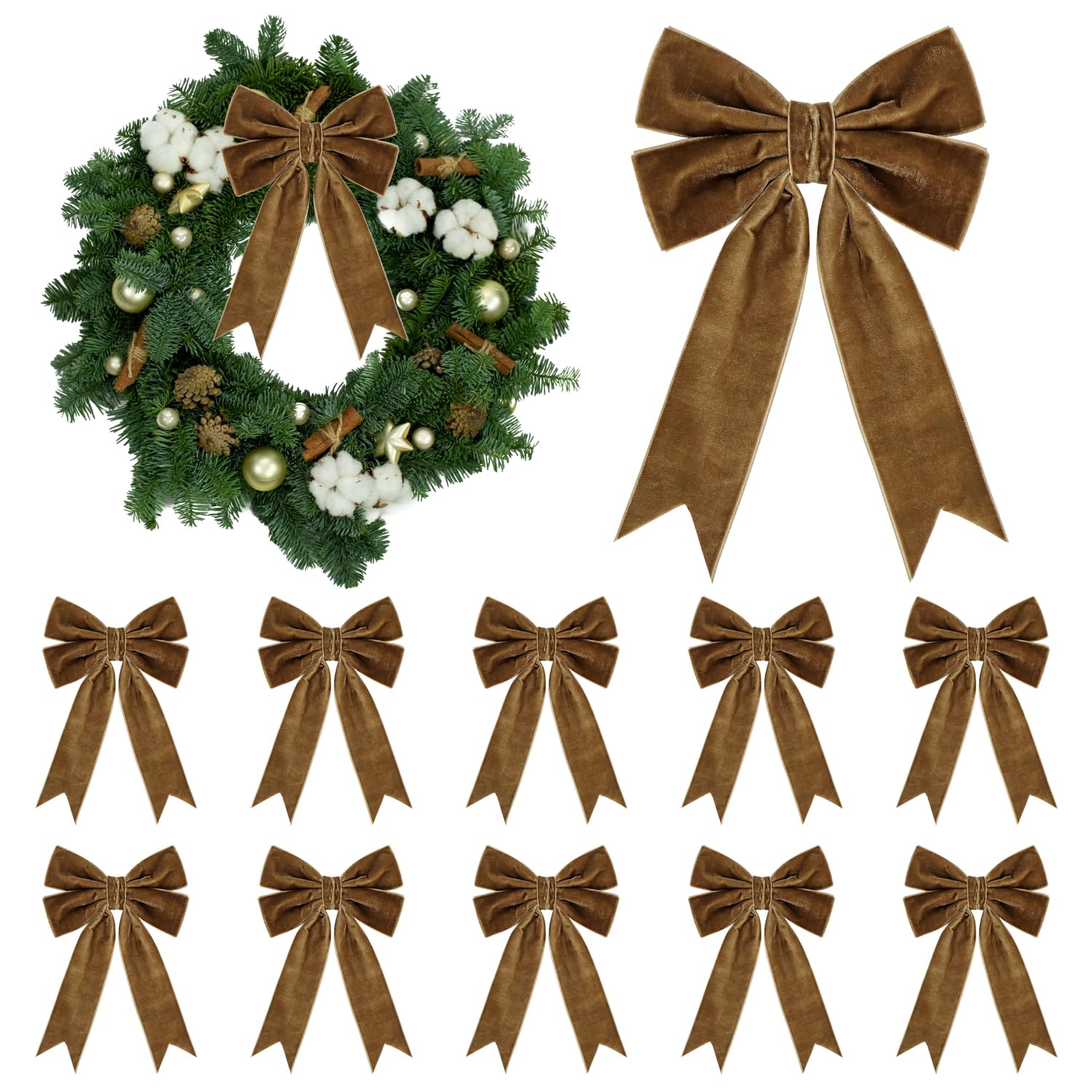 View 1 of 10 Pcs Velvet Ribbon Bow, 5x7inches Vintage Velvet Bows Ornaments for Christmas Tree Garland Wreath Gift Wrapping Indoor Outdoor Holiday Wedding Party Decoration (Camel)