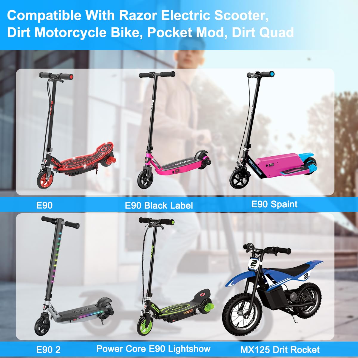 12V Battery Charger for Kid Ride On Toys Compatible with Razor Power Core E90 E95, Black Label E90, MX125, SUV Kid Trax Dynacraft Bumper Kidzone Jeep Tractor