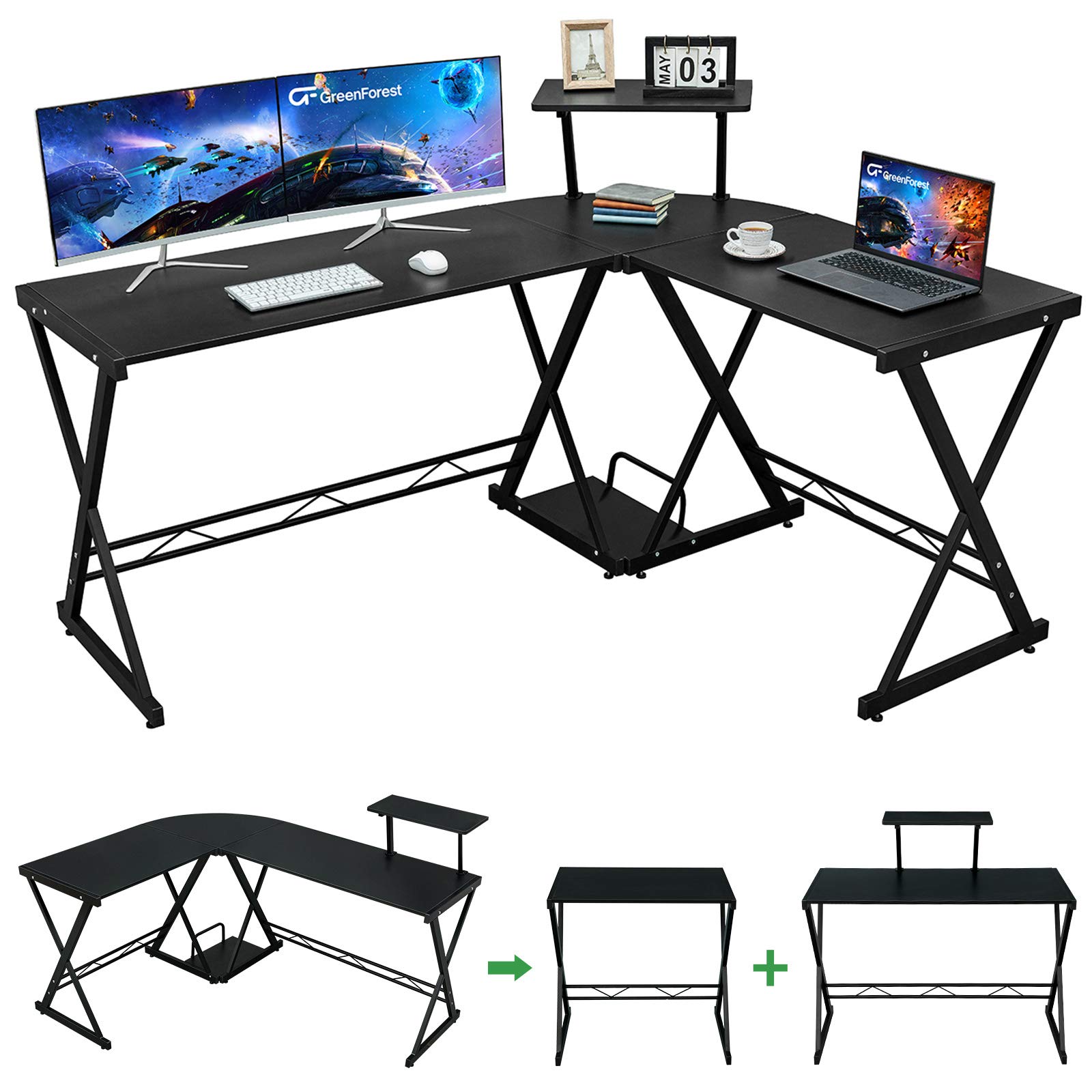 GreenForest L Shaped Desk 58" Reversible Corner Computer Desk with Movable Shelf and CPU Stand, Gaming Desk with Sturdy X Leg Space Saving Home Office Workstation Table, Black