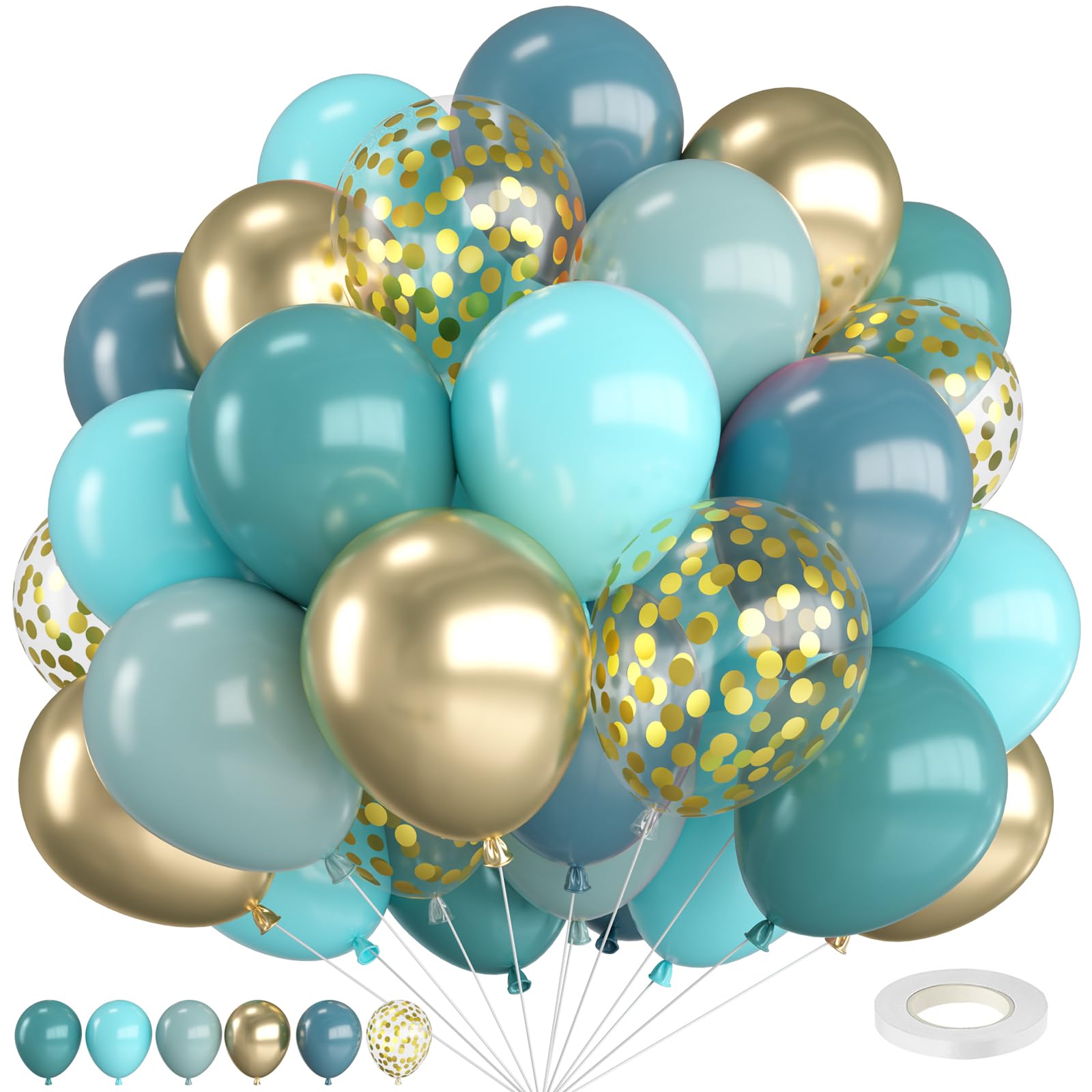 Dusty Blue Gold Balloons,12 Inch Navy Blue Teal and Aqua Blue with Sand Champagne Gold Confetti Balloons,for Under the Sea Birthday Baby Shower Graduation Engagement Party Decorations