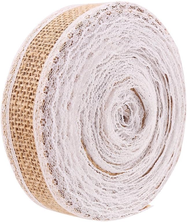Jute Hessian Burlap Ribbon Roll - Worldwell Natural Burlap Wreath with White Lace for Gift Wrapping Strap Wedding Party Home Decoration, 5 Meters 4 Rolls (Ribbon 3)