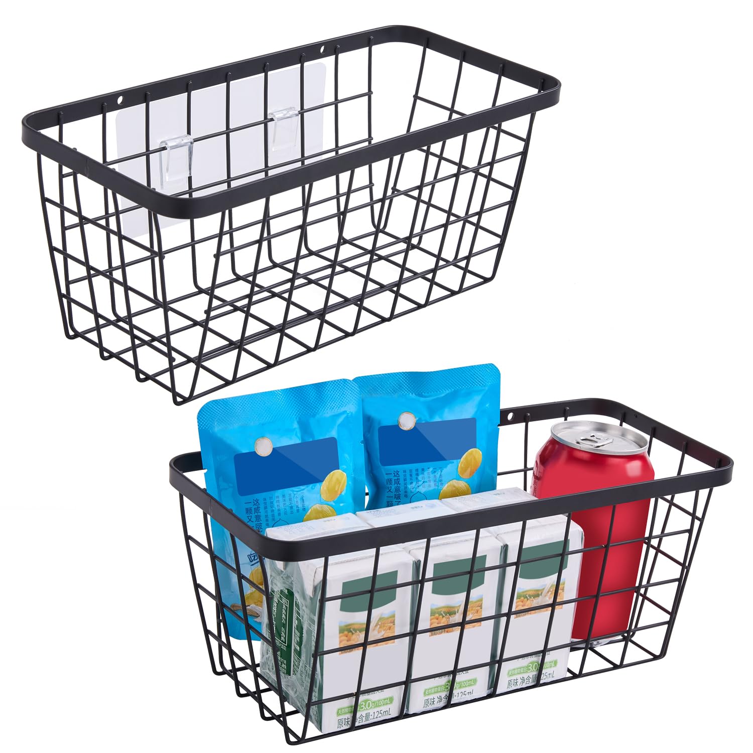 Photo 1 of 2 Pack Hanging Wall Basket Organizer Over the Cabinet Door Wire Baskets for Organizing -Space-Saving Hanging Baskets for Organizing Wall Mount Storage,No Drilling Adhesive Wall Storage Basket, Black