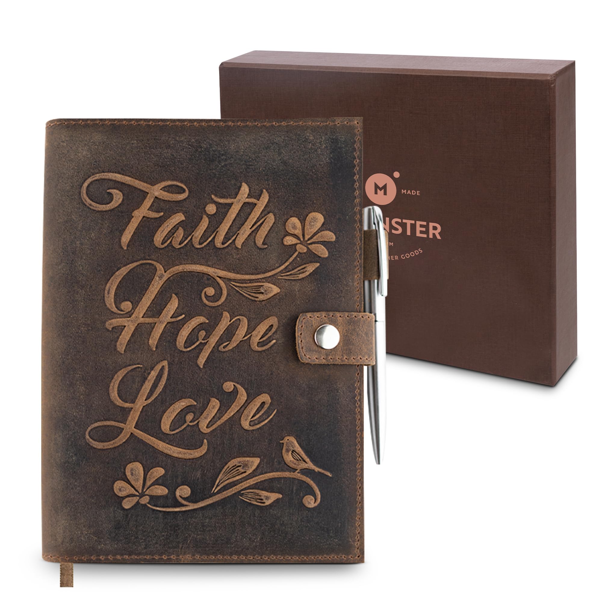 moonster Vintage Leather Journal – Vintage Travel Diary for Journaling with Embossed Bible Cover Faith, Hope, Love, Refillable Leather Bound A5 Notebook for Women, Writing Journal with Pen — image 1