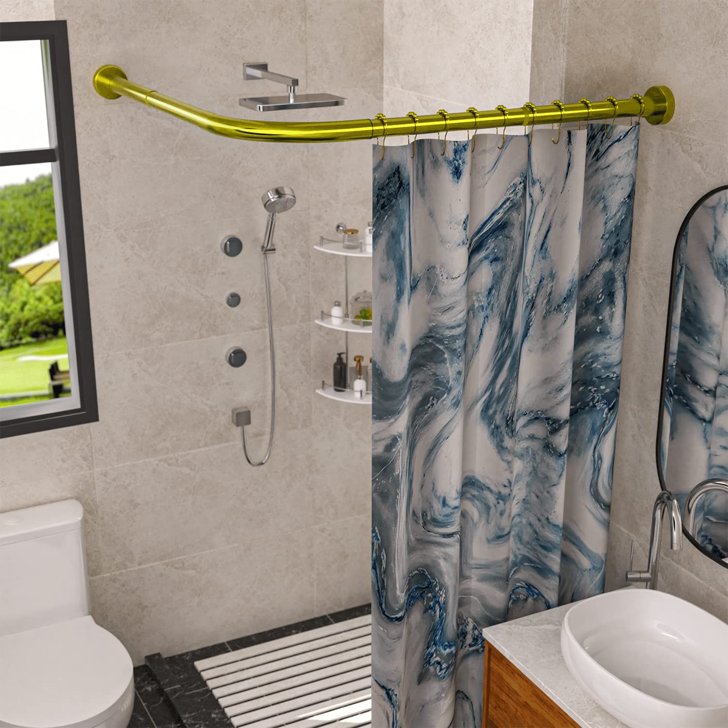 SIKAIQI Stretchable 304 Stainless L Shaped Bathroom Bathtub Corner Shower Curtain Rod Rack, Drill Free Install, for Bathroom, Clothing Store, Private space(Gold 35.43"-51.18"x35.43"-51.18") — image 1