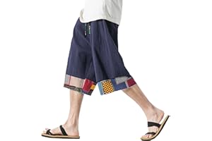 DOSLAVIDA Men's Linen Harem Capri Pants Loose Fit Yoga Beach Shorts Elastic Waist Wide Leg Baggy Cropped Trousers