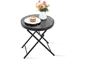 HOMEFUN Outdoor Side Tables - Folding Patio End Table with Tempered Glass Tabletop, Portable Bistro Coffee for Porch Yard, Balcony, Garden, Deck, Poolside, Black
