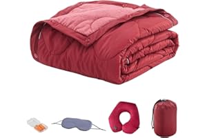 Commollis Travel Blanket Luxury Travel Set -Travel Blanket and Pillow Set - Portable Inflatable Travel Neck Pillow and Premium Soft Airplane Blanket with Built-in Soft Bag,Eye Mask, Earplugs