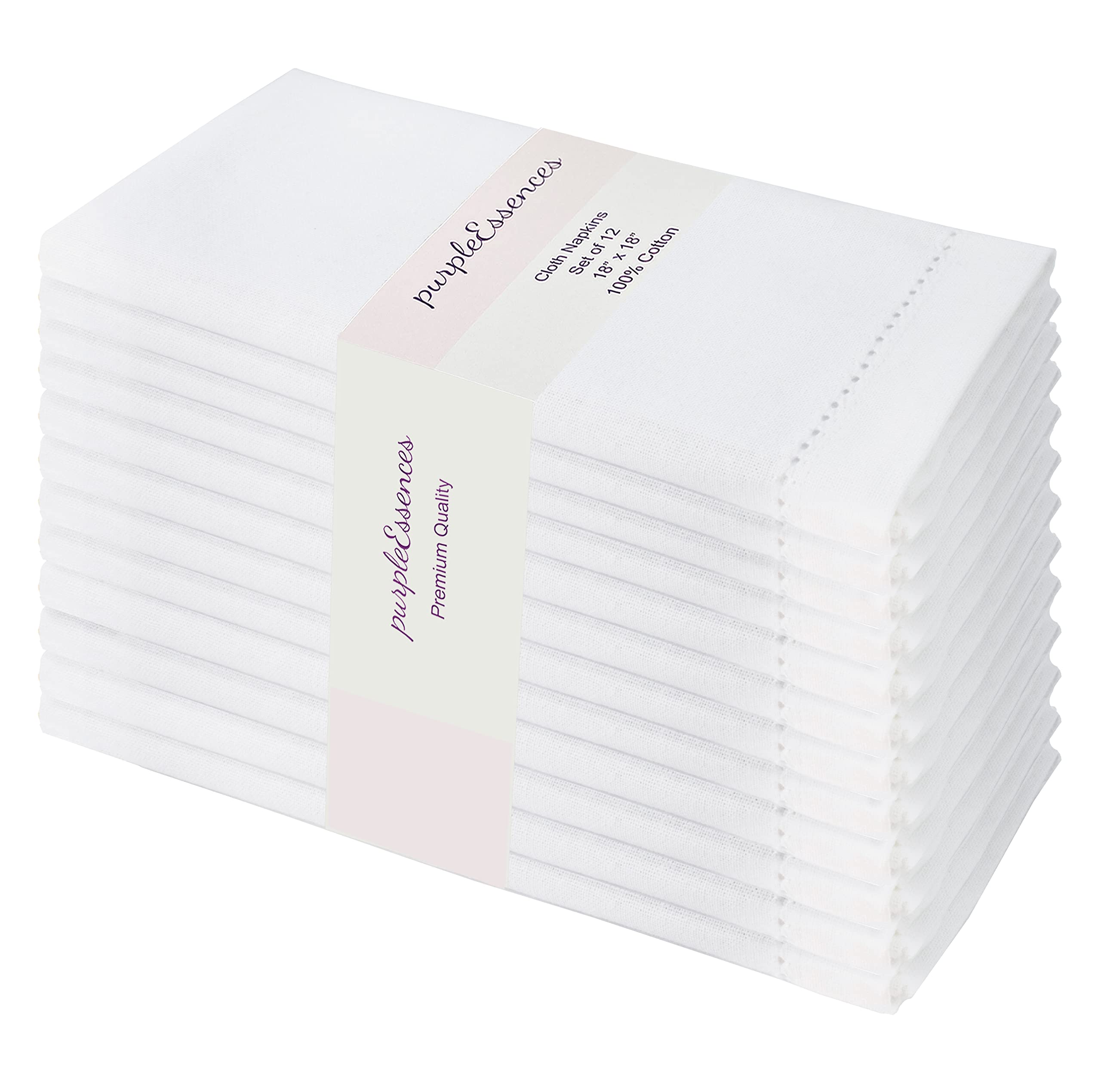 Photo 1 of PurpleEssences Set of 12 Hemstitch Cloth Dinner Napkins 100% Cotton - Soft Durable Washable - Ideal for Wedding Fall Thanksgiving - Perfect Everyday Use Table Linen 18x18 - White