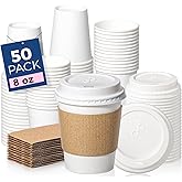 Fit Meal Prep 50 Pack 8 oz Disposable Coffee Cups with Lids, Sleeves, Leak-Proof To Go Coffee Cups with Lids, Durable Hot Paper Cups for Home, Office, Party, Business