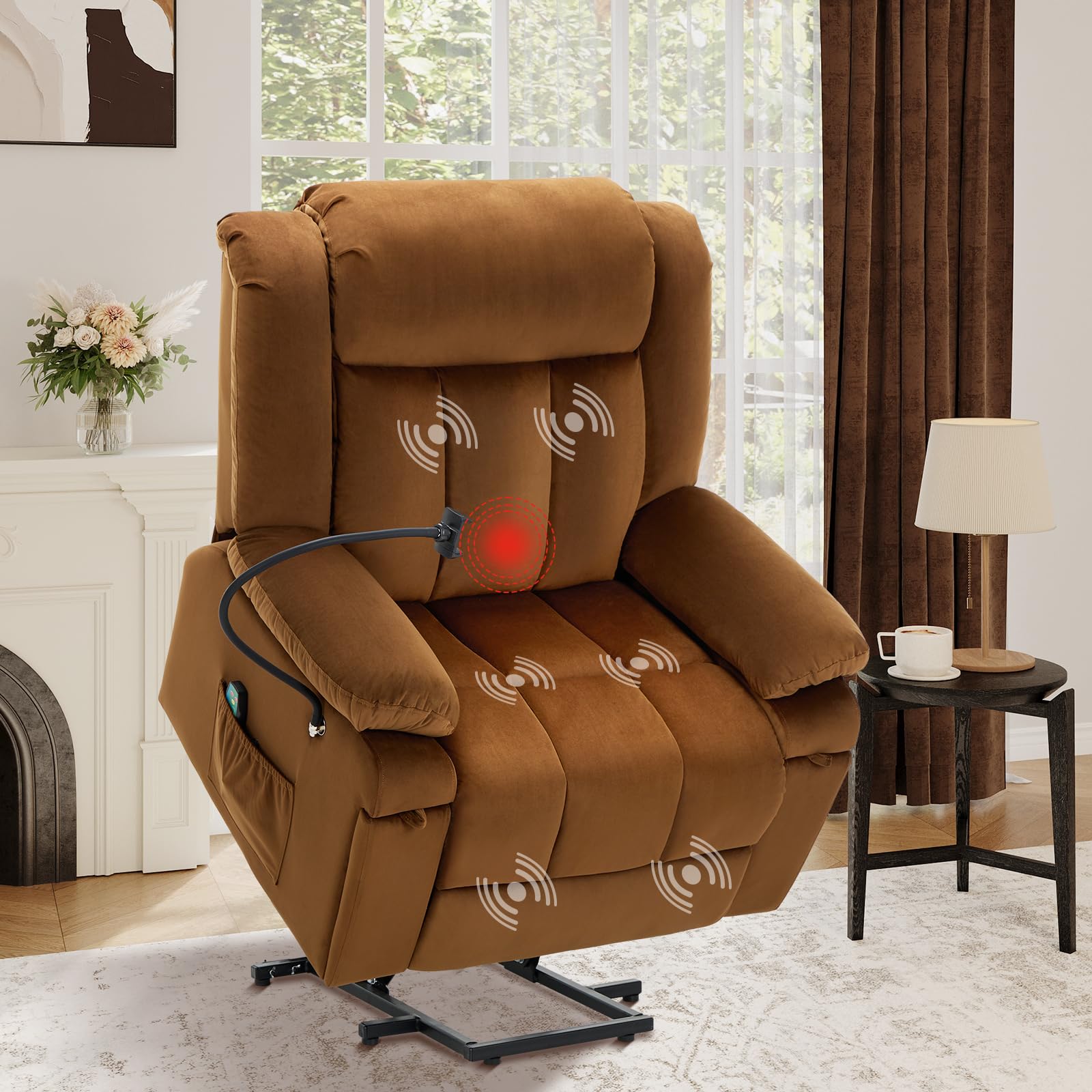 COLAMY Large Wide Power Lift Recliner with Massage and Heat, Extended Footrest for Big Elderly, Phone Stand,Hidden Storage Compartments and Cup Holders for Living Room(Lightbrown)