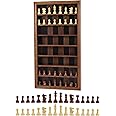 Giant Wall Mounted Board Game Wooden Chess Game Set with A Complete Set of Carved Chess Pieces Vertical Display Cabinet for Home Games Hanging Art Home Decoration (Burnt Color)