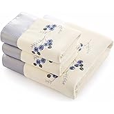Riverbyland White and Blue 2 Towel and 1 Bath Towel Embroidered Pattern Set