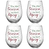 Hushee 4 Pcs Christmas Stemless Wine Glass Tis the Season to Get Tipsy Christmas Wine Glass 20 oz Funny Drinking Cups Drinkware for Xmas Holiday Party Decorations Wedding Birthday Gifts