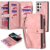 TwoHead for Samsung Galaxy S22 Ultra Wallet Case with Card Holder & Detachable Magnetic Phone Case, Leather All-Round Protection Wallet Phone Case for Women Men,6.8in,Pink