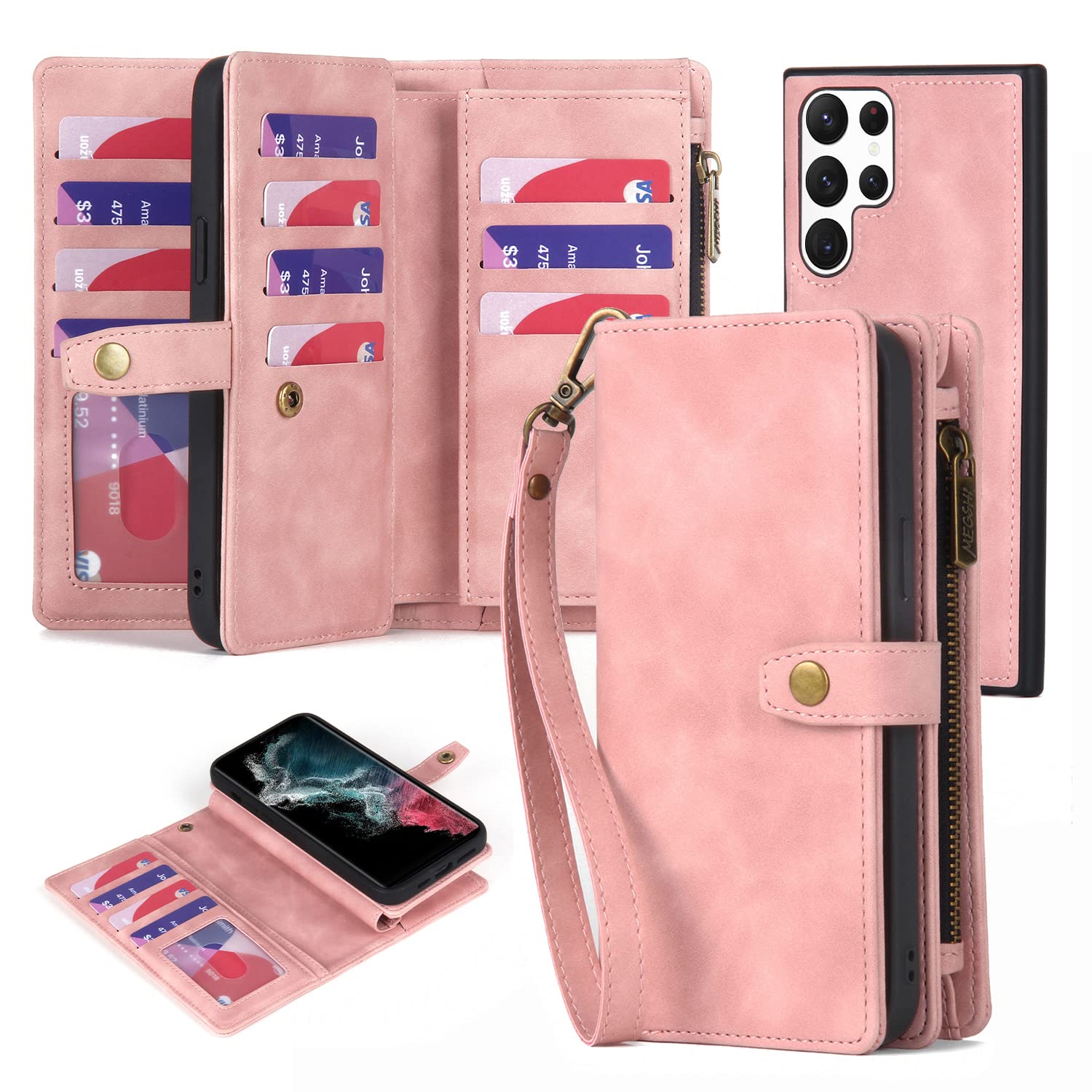Photo 1 of TwoHead for Samsung Galaxy S22 Ultra Wallet Case with Card Holder & Detachable Magnetic Phone Case, Leather All-Round Protection Wallet Phone Case for Women Men,6.8in,Pink