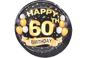 GREATINGREAT 60th Birthday Plates Black and Gold Dessert, Buffet, Cake, Lunch, Dinner Plates for 60th Birthday Decorations Party Supplies, Happy 60th Birthday! 50 Count, 9" Plate Design for 60th Birthday Party