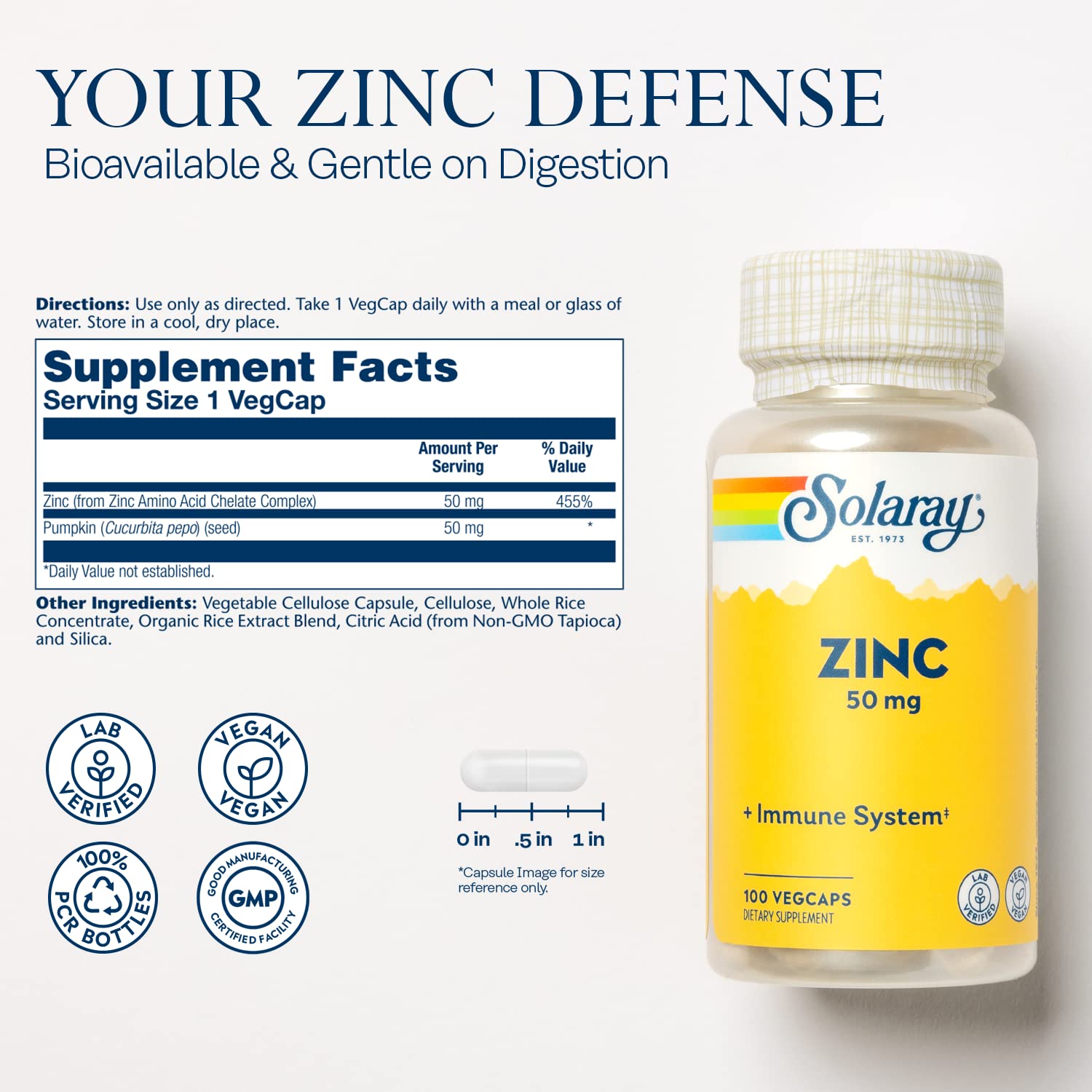 SOLARAY Zinc 50mg Immune Support Capsules, 100 Count, Vegan, Pumpkin Seed