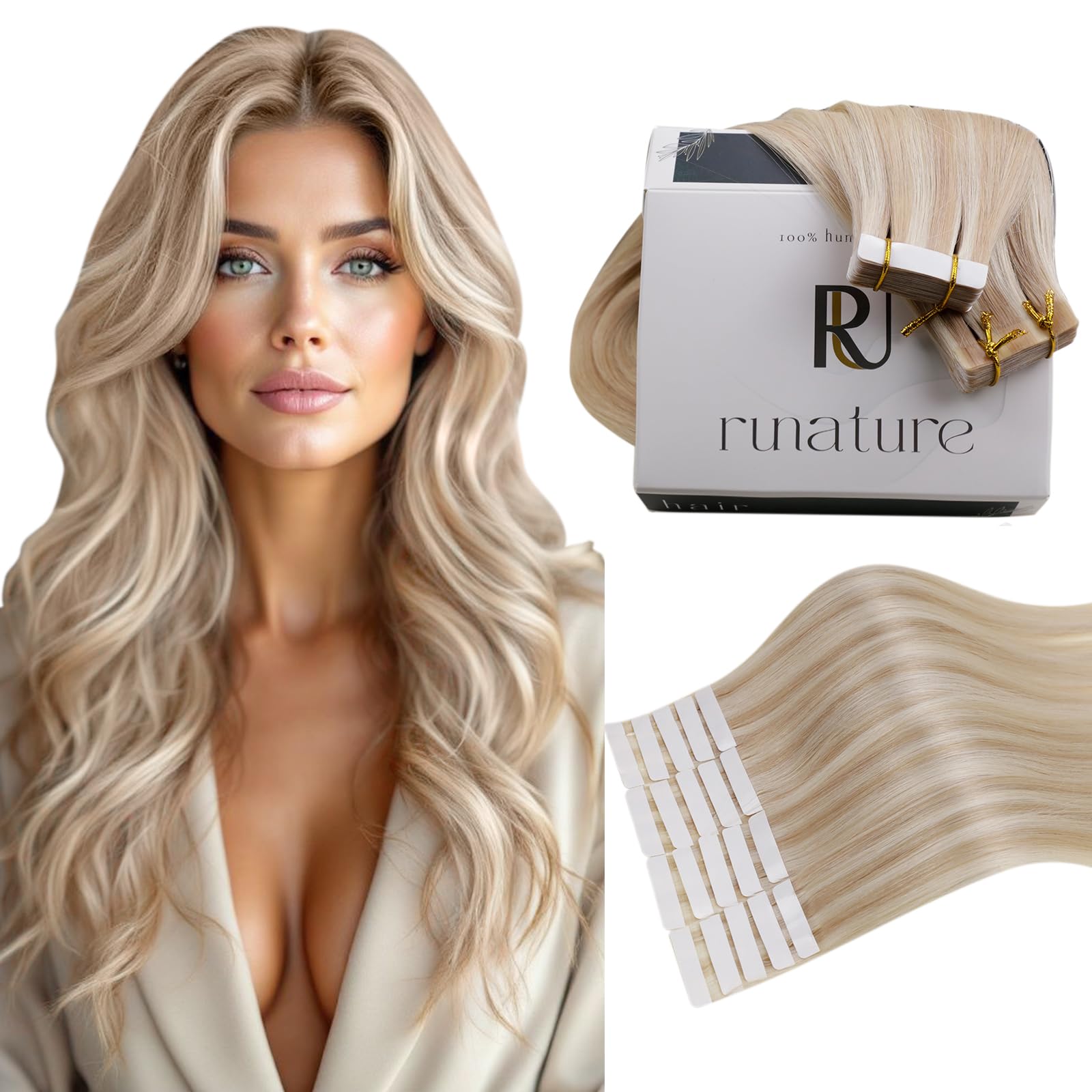 RUNATURE Tape in Hair Extensions Human Hair Highlights Ash Blonde with Bleached Blonde Hair Extensions Tape in Real Hair For Women 22 Inch 20 pcs/50g #P18/60