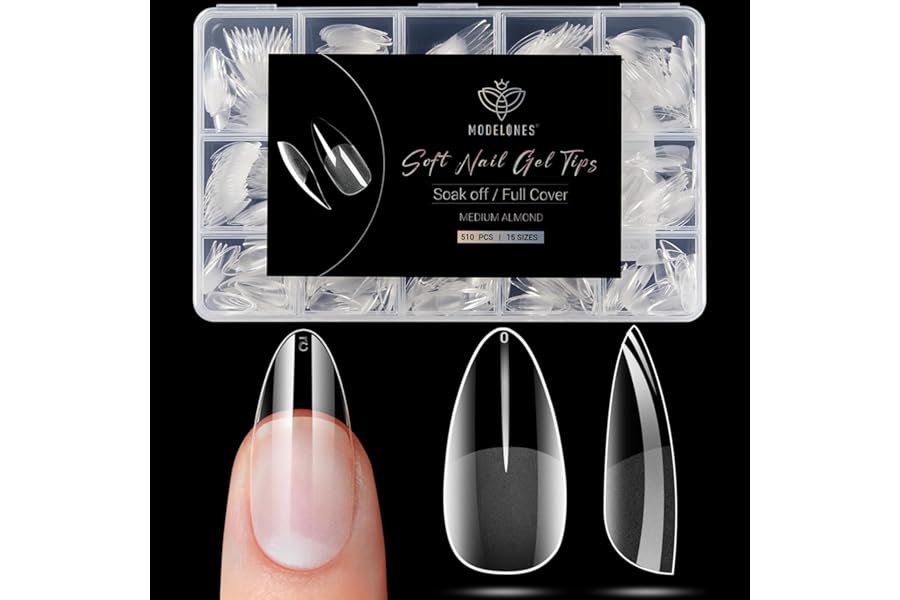 Modelones Almond Fake Nail Tips -510Pcs Medium Soft Gel Nail Tips Almond Shape Pre Etched Half Matte Full Cover Clear Acrylic Gel Kit False Press on for Extension Manicure Salon DIY at Home 15 Sizes