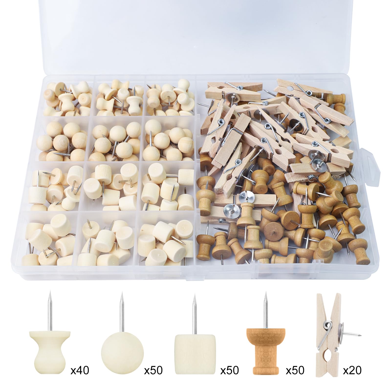 200 STK Pinnwand Pins,Pinnadeln Set Pinnadeln Holz Klein Reißzwecken 5 Stile Reißnägel Mini Reisnägel Pinnwandnadeln Holzklammer mit Box Reiszwecknadeln für Handwerk Korkplatte Fotos Postern Pinadel 9