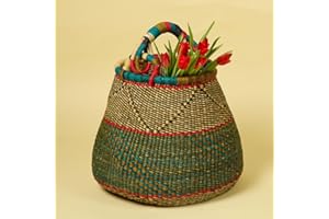 AFRICA IN A BASKET Large Woven Bolga Market Basket, Pot Shape, Boho Patterns, Harvesting, Gardening, Picnic, Foraging, Farmers, Fruit Picking, Shopping, Grocery, Handmade, African, Ghana, 16" Wide, Dark Green