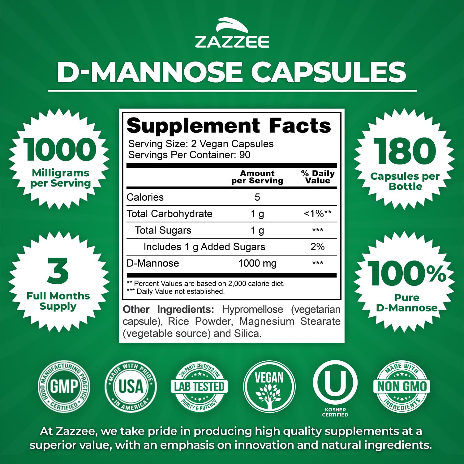 Zazzee D-Mannose, 1000 mg per Serving, 180 Vegan Capsules, 3 Month Supply, Potent & Fast-Acting, Certified Kosher, 100% Pure, All-Natural Urinary Tract Health Support, 100% Vegetarian, Non-GMO