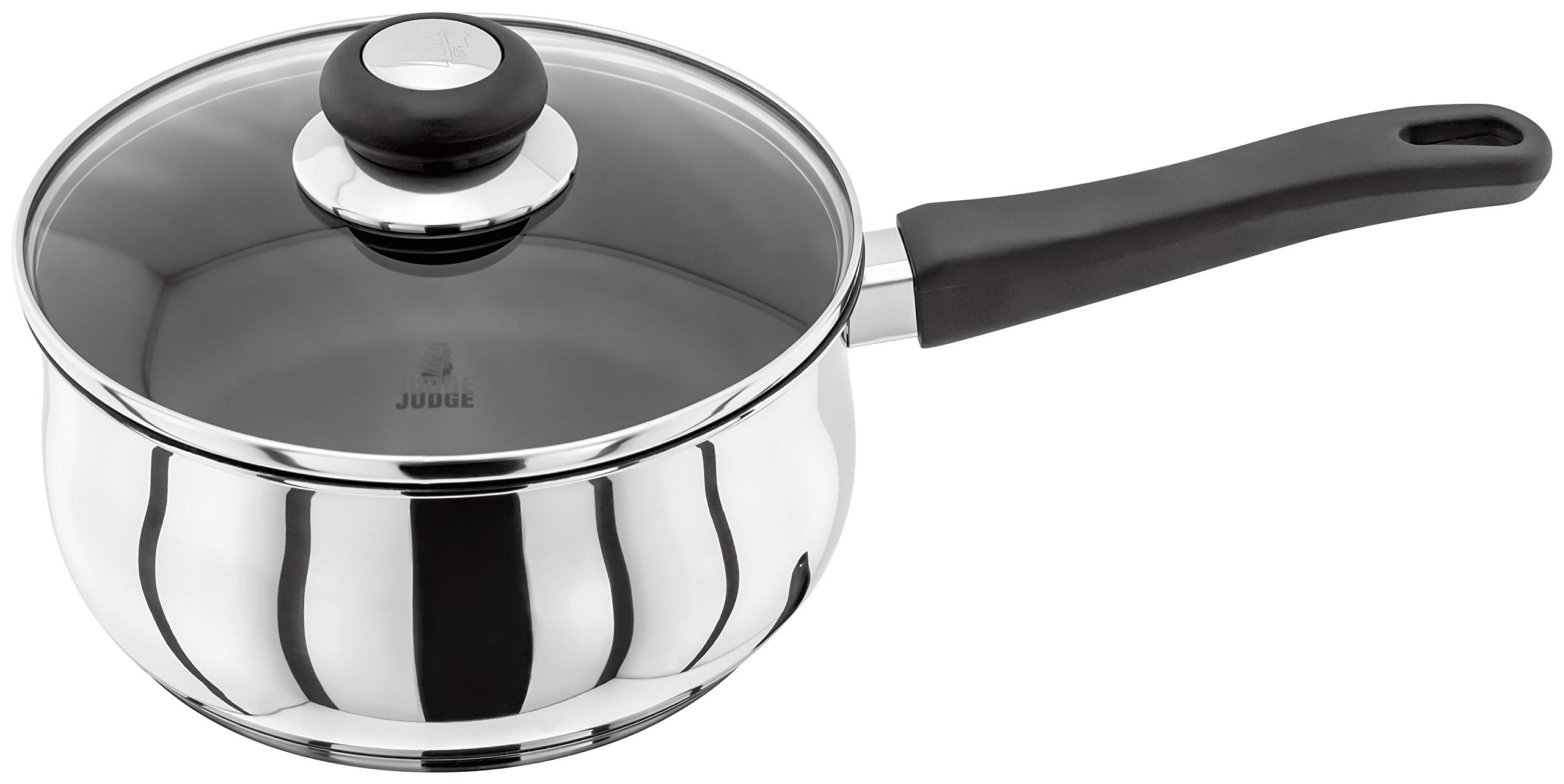 Judge Vista J207A Stainless Steel Non-Stick Large Saucepan 20cm 2.1L, Shatterproof Vented Glass Lid, Induction Ready, Oven Safe, 25 Year, Silver/Black