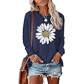 FAOUEOW Womens Sunflower Graphic Long Sleeve Casual Cotton Tee Tops Fashion Floral Printed Crewneck Tees Shirt