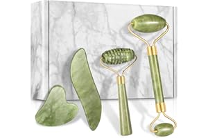 CHARMONIC 4-pcs Jade Roller & Gua Sha Set, Facial Roller Massager with Gua Sha Scraping Tool, Jade Stone Massager for Anti-aging, Slimming & Firming, Rejuvenate Face and Neck, Remove Wrinkles & Eye Puffiness