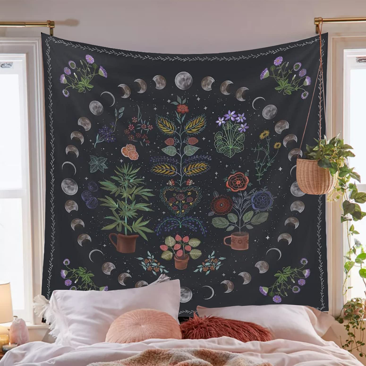 Simpkeely Tapestry Botanical Moon Phase Wall Hanging Nature Floral for Bedroom Living Room (150cm x 200cm)