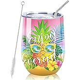 NymphFable 12oz Pineapple Tropical Cup Wine Tumbler with Straw and Lid Insulated Wine Glass Stainless Steel Double Wall
