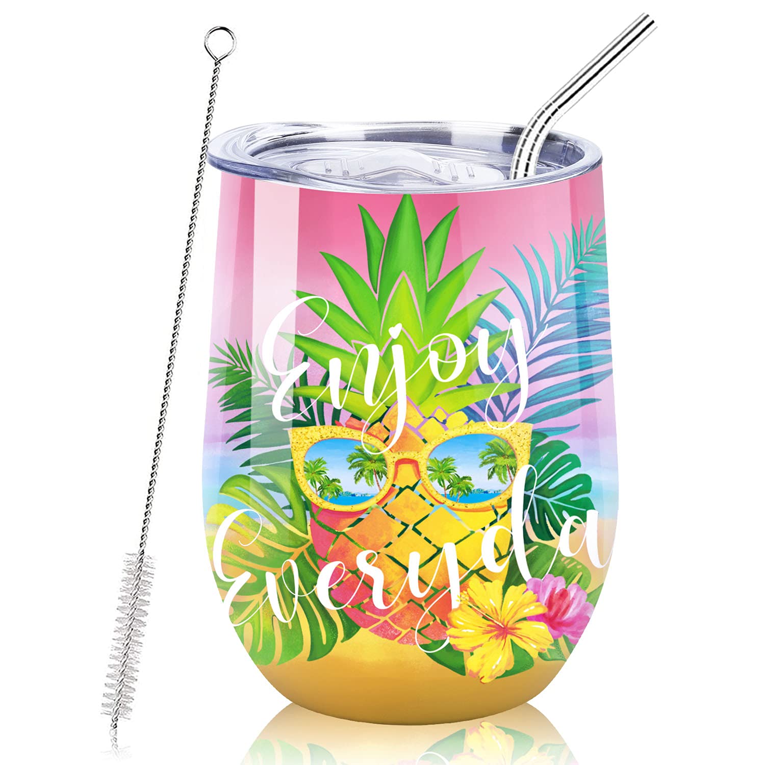 NymphFable 12oz Pineapple Coffee Mug Travel Mug Wine Tumbler with Lid and Straw Insulated Stainless Steel Wine Glass Double Wall
