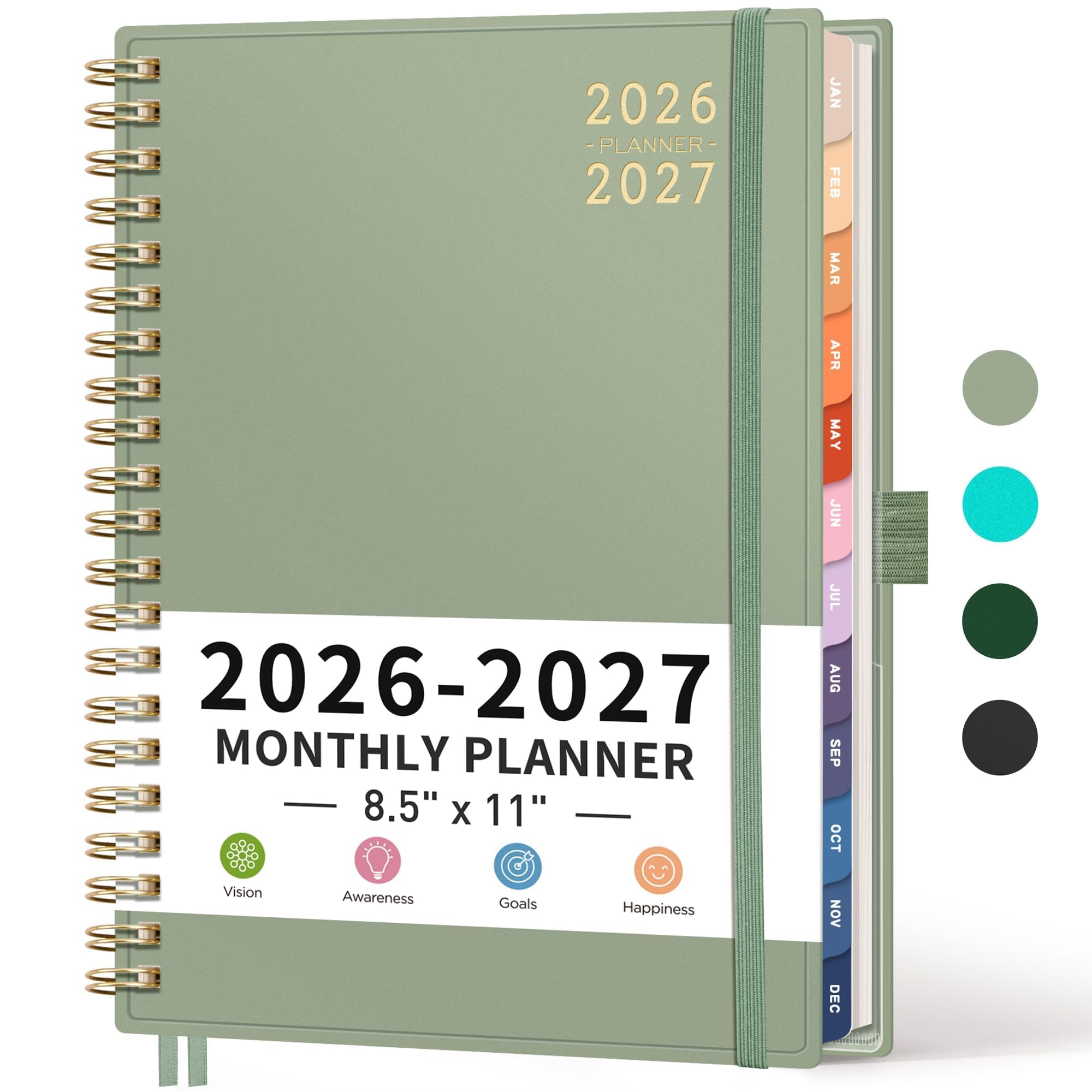 Photo 1 of RETTACY 2026-2027 Monthly Planner, Jan 2026 - Dec 2027, Large Size (8.5" x 11"), 2026-2027 Calendar, 24-Month Tabs, Flexible Plastic Cover, Spiral-bound, 100 GSM Thick Paper (Light Green)