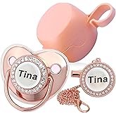 Personalized Pacifier with Name, Bling Gold Pacifier Clip Set Storage Box, Customized Halloween and Christmas Glitter Crystal Luxurious Soother Ideal Gift for Baby Shower Photography Newborn (Pink)