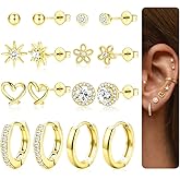 Kakonia 925 Sterling Silver Post Small Stud Hoop Earrings for Women Trendy 14k Gold Plated Hypoallergenic Stud Huggie Earrings Stack Cartilage Earring Sets for Multiple Piercing