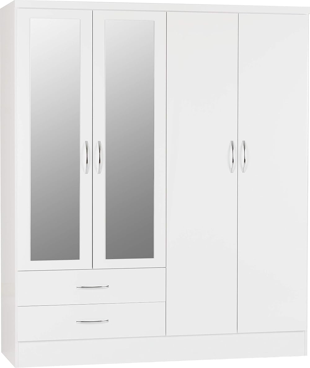 Seconique Nevada 4 Door 2 Drawer Wardrobe White Gloss Metal Handles