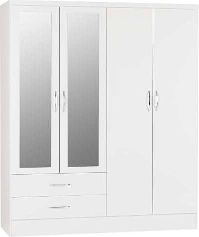 Seconique Nevada 4 Door 2 Drawer Wardrobe White Gloss Metal Handles