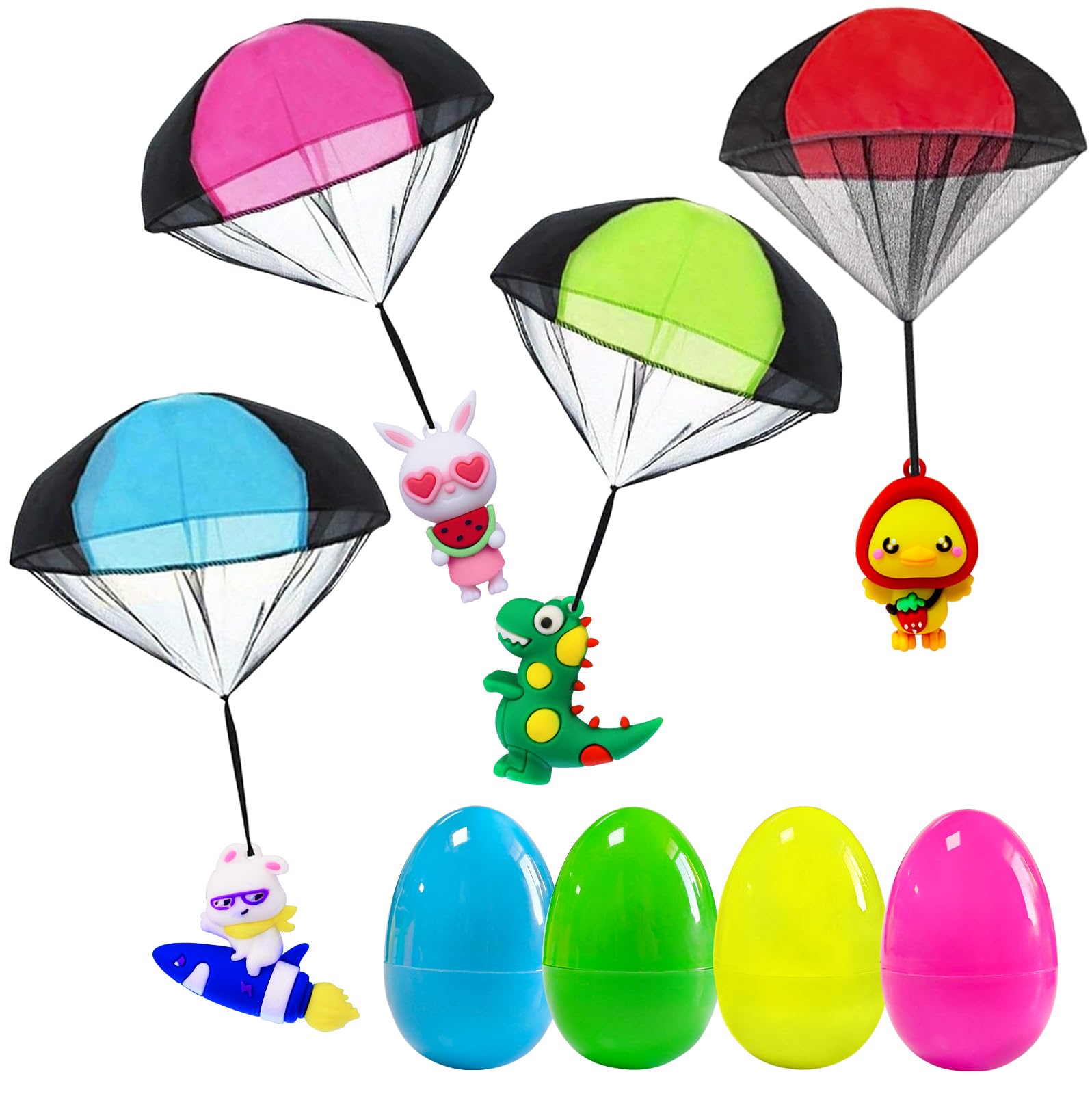 Easter Basket Stuffers Essentials for Teens Kids, Easter Egg Fillers - 4Pcs Prefilled Easter Eggs with Parachute Toys for Girls Boys Egg Hunt Prizes, Party Favors, Classroom Treasure Box Prizes Gifts