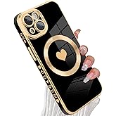 tharlet Magnetic for iPhone 15 Plus Case [Compatible with Magsafe] Cute Love Heart Luxury Plating Gold Edge Bumper Case with Full Camera Lens for iPhone 15 Plus Phone Case, Black (6.7")