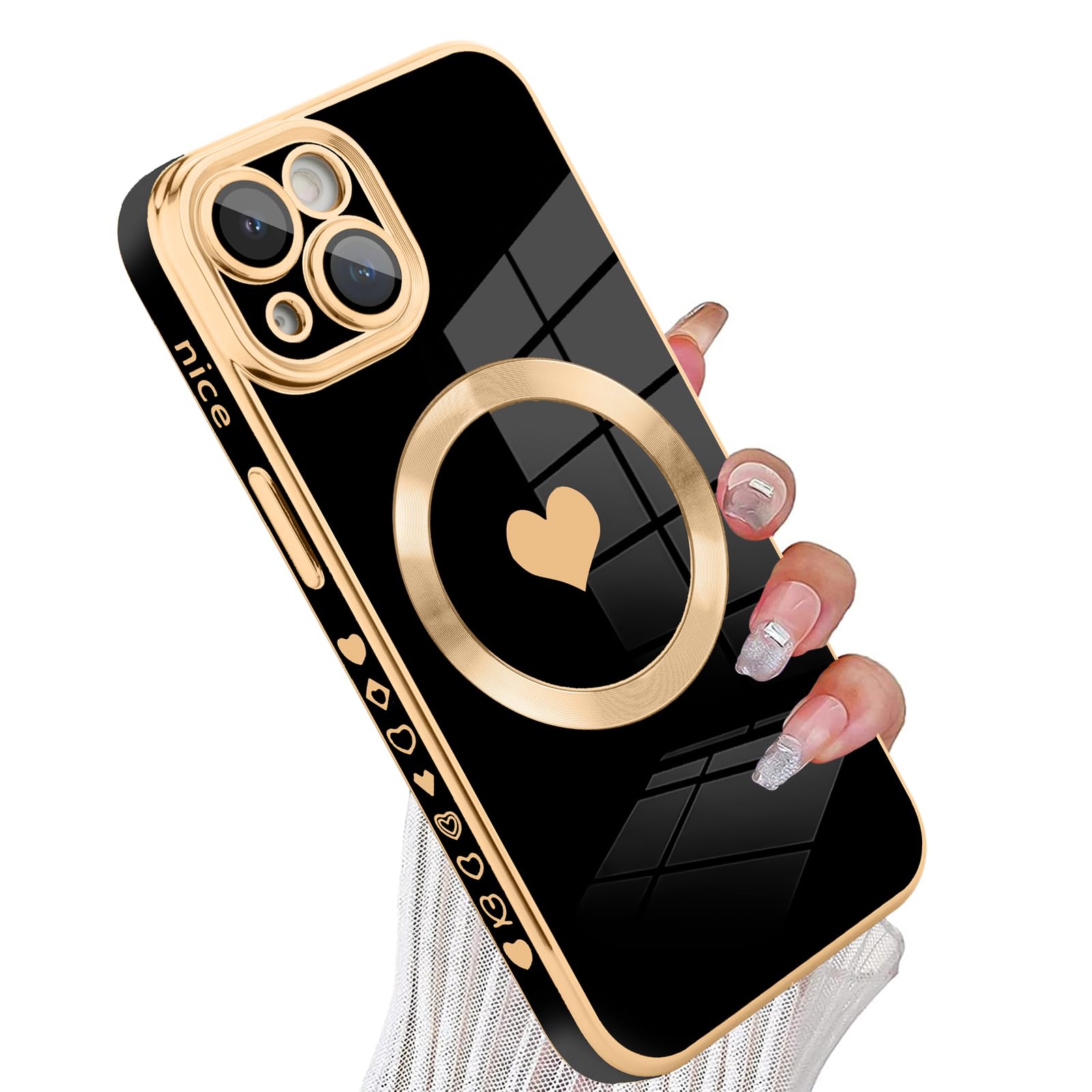 tharlet Magnetic for iPhone 15 Plus Case [Compatible with Magsafe] Cute Love Heart Luxury Plating Gold Edge Bumper Case with Full Camera Lens for iPhone 15 Plus Phone Case, Black (6.7")