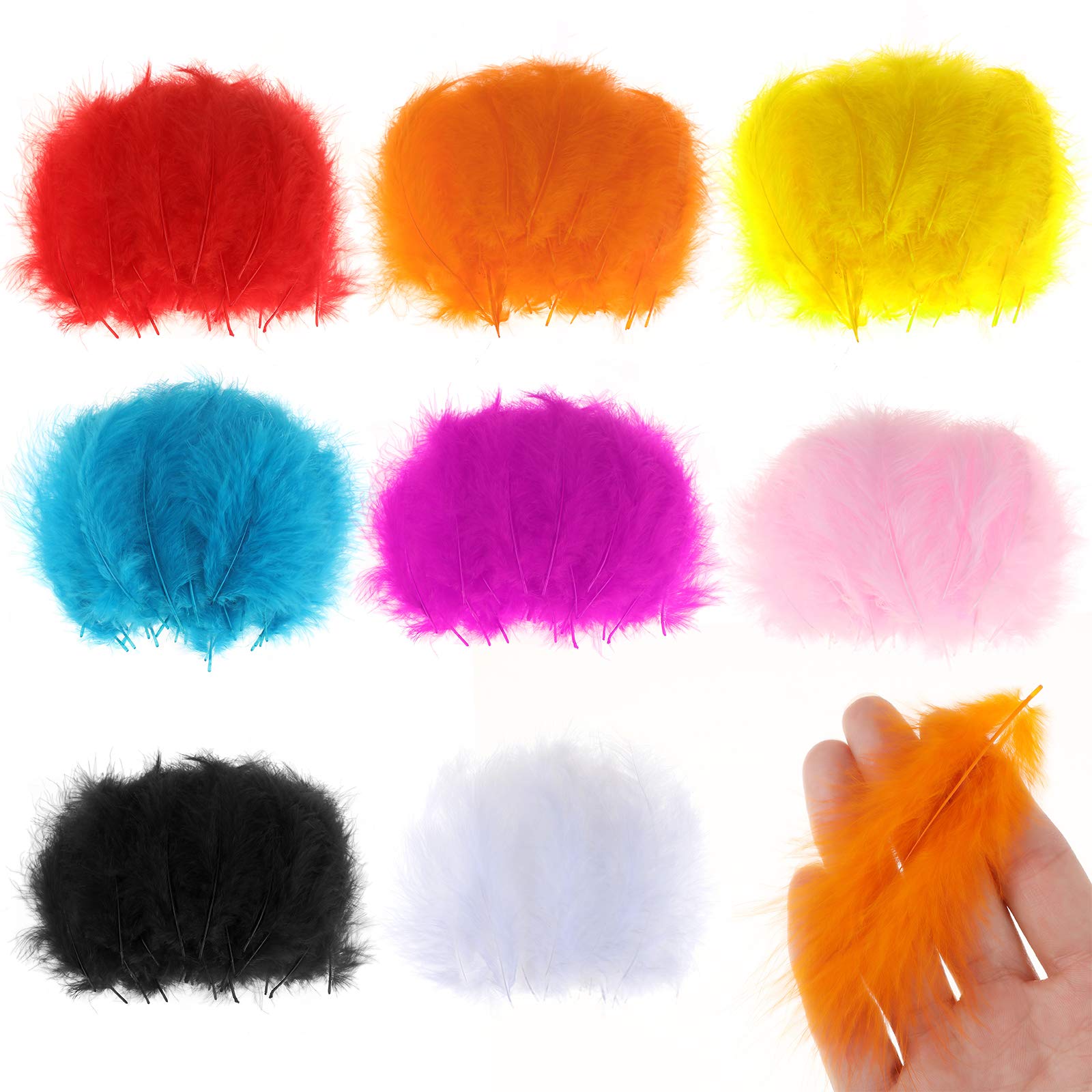 MWOOT 400 Pieces Crafts Art Coloured Feathers, 8 Colors Mini Ostrich Feathers (9-15cm) for DIY Earrings Making Home Wedding Baby Shower Decorations White Pink Red Yellow Blue Black Orange Rose