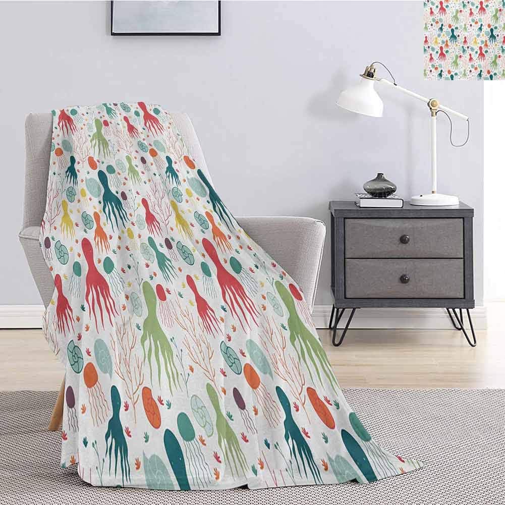 Octopus Bedding Microfiber Blanket Ocean Themed Animals and Plants Jellyfish Shellfish Colorful Doodle Style Design Super Soft and Comfortable Luxury Bed Blanket W70 x L84 Inch Multicolor