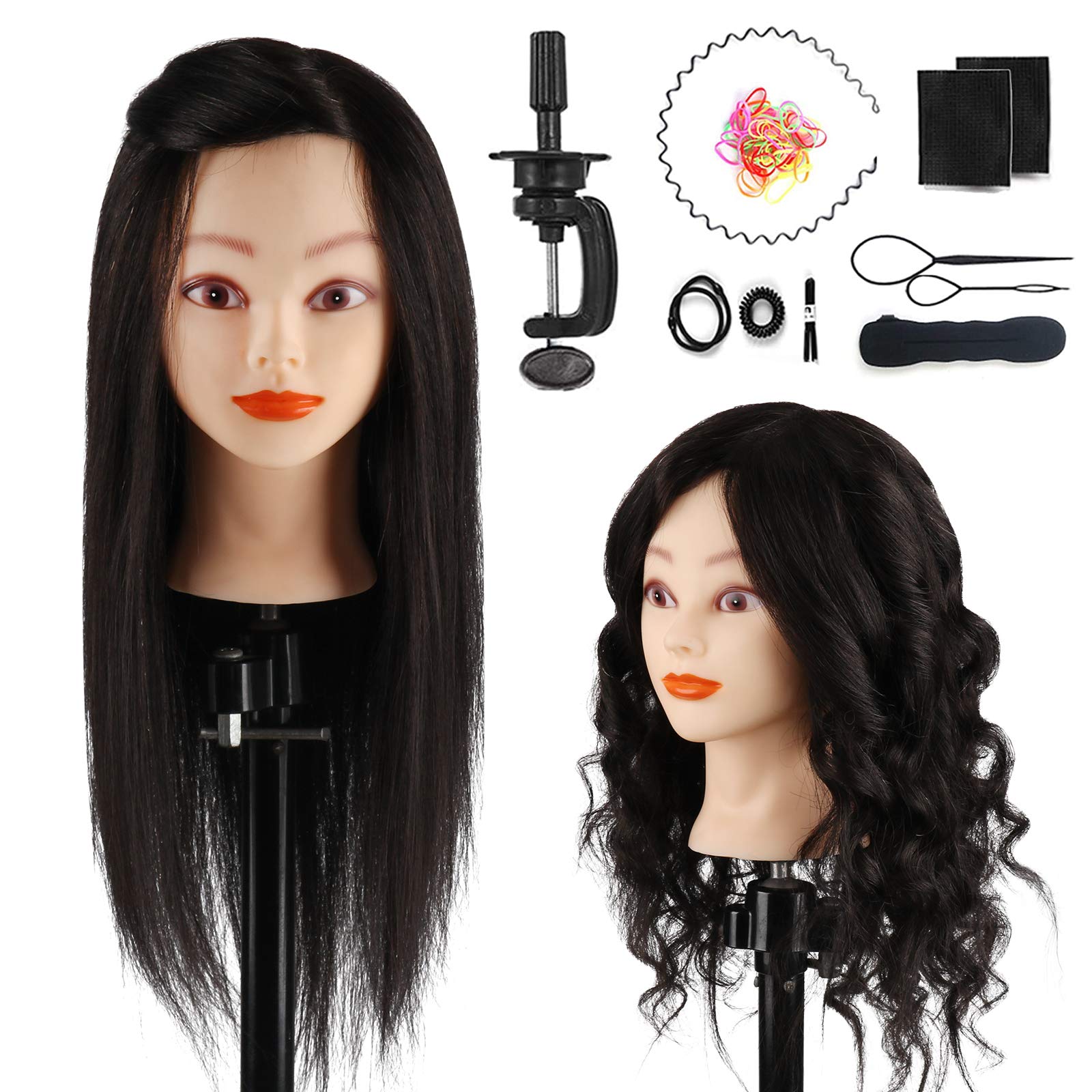 TopDirect Training Head 18inch 100% Real Hair Cosmetology Hairdressing Mannequin Manikin Doll with Table Clamp Holder + Braid Set, Black — image 1