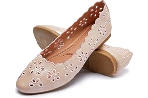 FRACORA Women's Ballet Flats Black PU Leather Dress Shoes Comfortable Round Toe Slip on Flats with Floral Eyelets